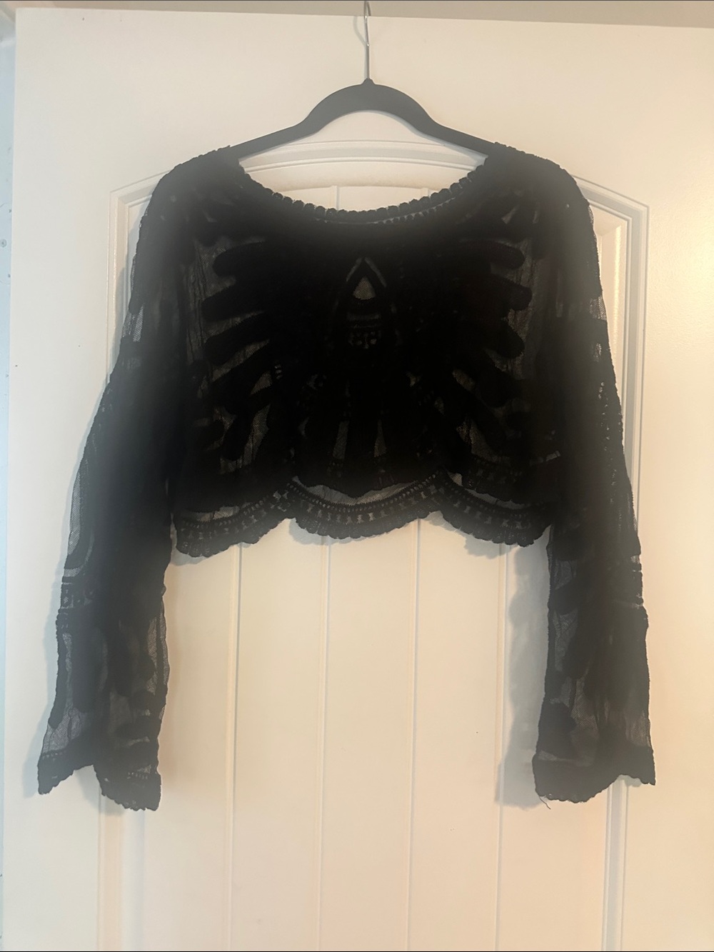 Black Lace Cropped Long-Sleeve Top - Women